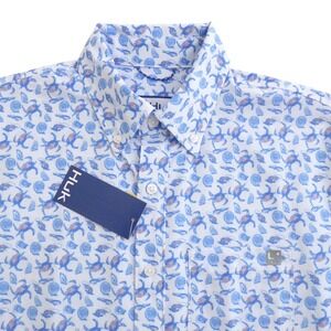 Huk Mens Kona Printed Short Sleeve Button Up Shirt Blue Turtle Crab Size Small